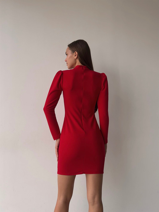 Boyun Detay Kruvaze Yaka Beli Düğme Detaylı Uzun Kollu Yırtmaçlı Nicoli Kadın Kırmızı Mini Elbise 23K000044