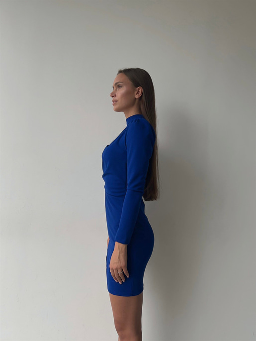 Boyun Detay Kruvaze Yaka Beli Düğme Detaylı Uzun Kollu Yırtmaçlı Nicoli Kadın Saks Mini Elbise 23K000044