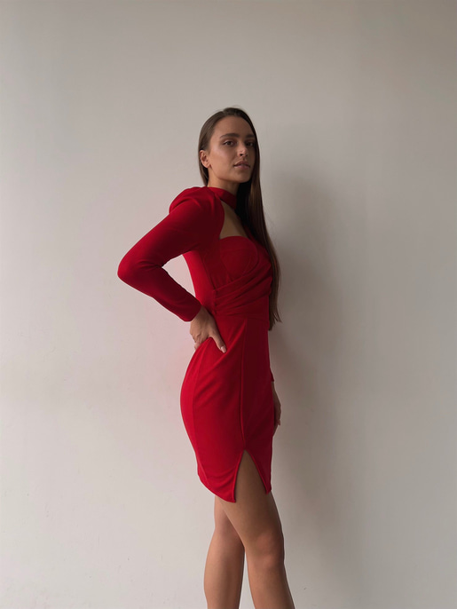 Boyun Detay Kruvaze Yaka Beli Düğme Detaylı Uzun Kollu Yırtmaçlı Nicoli Kadın Kırmızı Mini Elbise 23K000044