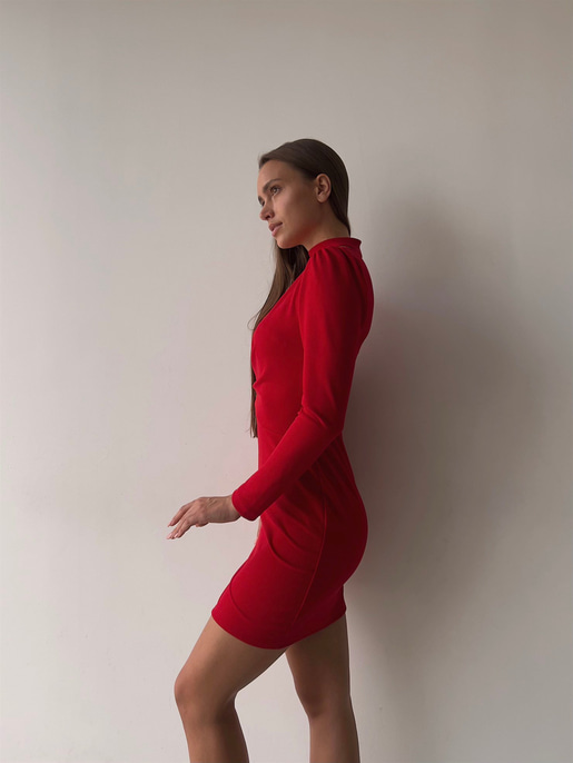 Boyun Detay Kruvaze Yaka Beli Düğme Detaylı Uzun Kollu Yırtmaçlı Nicoli Kadın Kırmızı Mini Elbise 23K000044