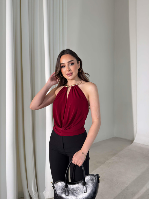 Boyundan Aksesuarlı Degaje Yaka Sırtı Lastikli Darian Kırmızı Kadın Bluz 26K227