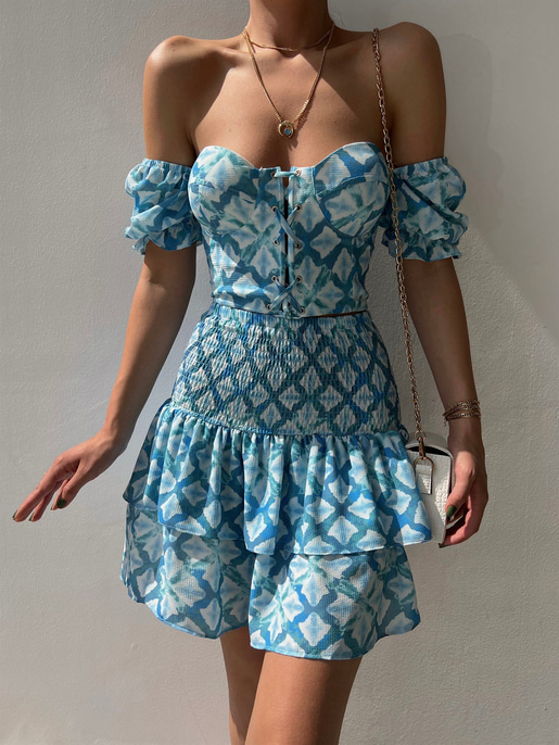 Çapraz Bağcık Açık Omuz Üst Fırfırlı Gipeli Alt Justus Kadın Mavi İkili Takım 22Y000330