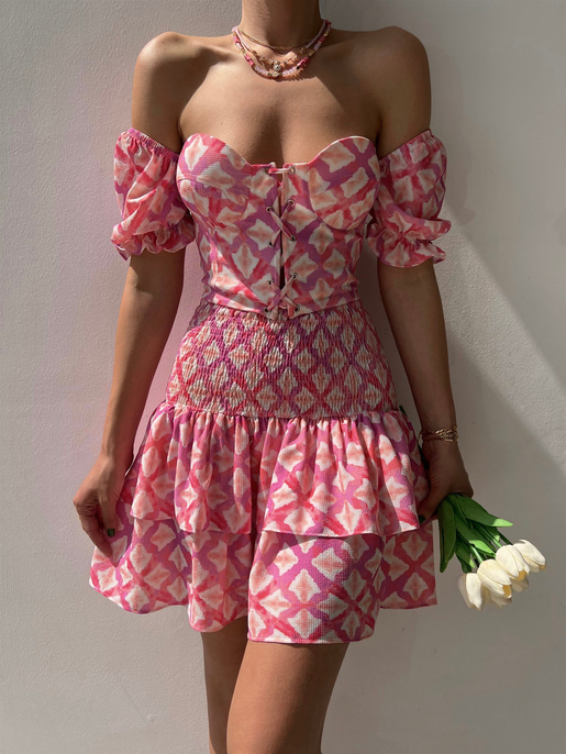 Çapraz Bağcık Açık Omuz Üst Fırfırlı Gipeli Alt Justus Kadın Pembe İkili Takım 22Y000330