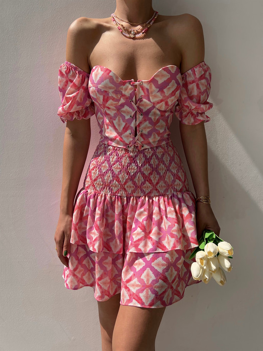 Çapraz Bağcık Açık Omuz Üst Fırfırlı Gipeli Alt Justus Kadın Pembe İkili Takım 22Y000330