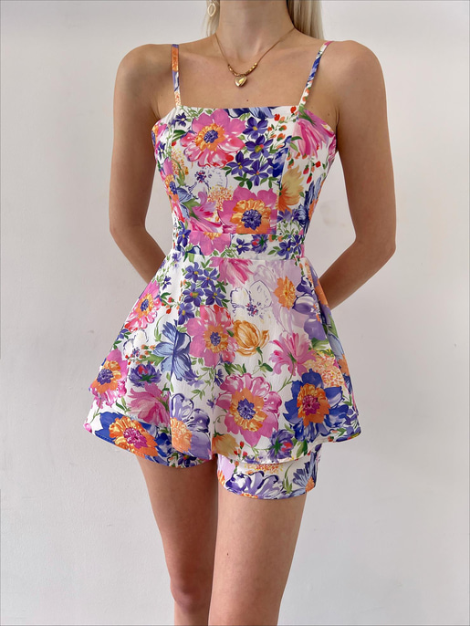 Çiçek Desen İnce Askılı Volanlı Kadın Mor Şort Tulum 21Y000451