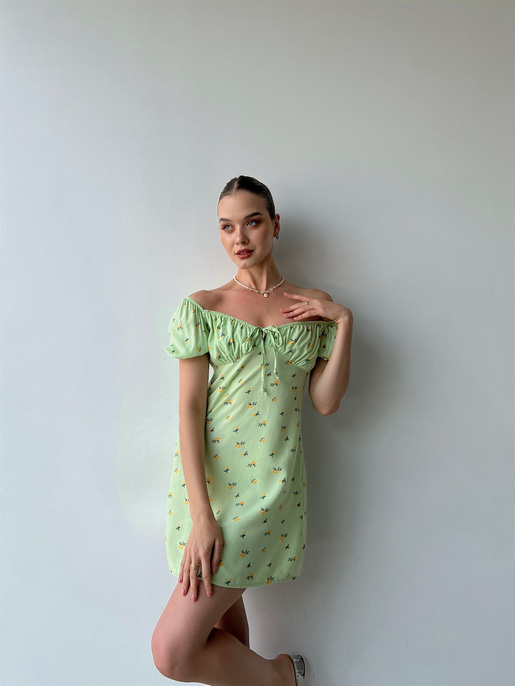 Çiçek Desen Mini Boy Yakası Lastikli Madonna Kadın Yeşil Elbise 22Y000355