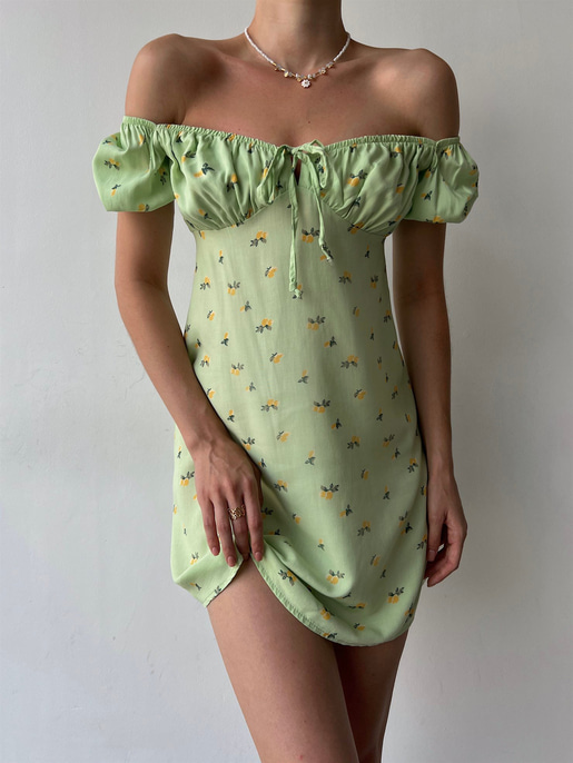 Çiçek Desen Mini Boy Yakası Lastikli Madonna Kadın Yeşil Elbise 22Y000355