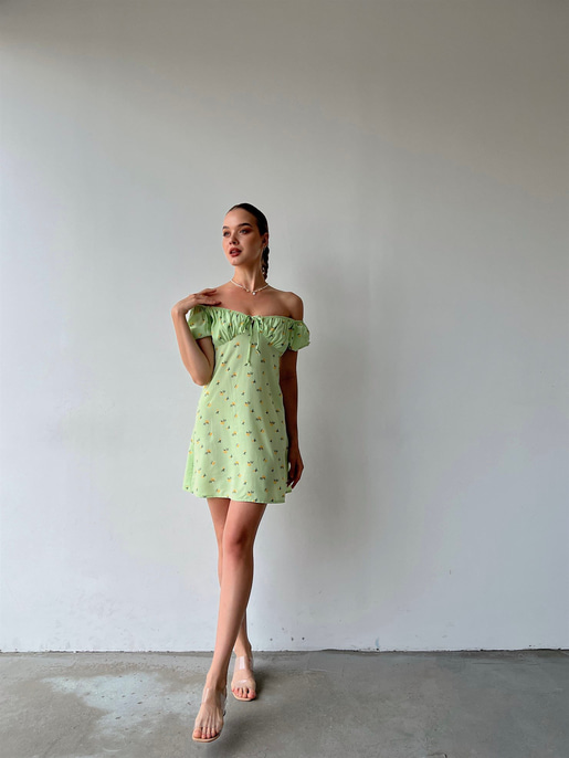 Çiçek Desen Mini Boy Yakası Lastikli Madonna Kadın Yeşil Elbise 22Y000355