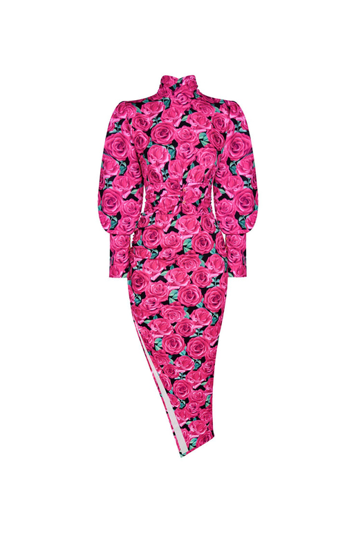 Çiçek Desenli Balıkçı Yaka Yandan Yırtmaçlı Manşet Kol Corey Kadın Fuşya Midi Elbise 23K000449