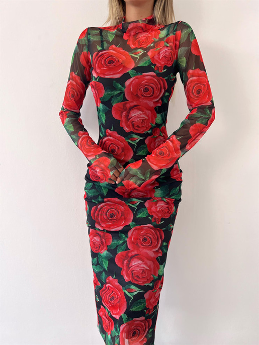 Çiçek Desenli Uzun Tül Kol Lori Kadın Kırmızı Elbise 23K000402