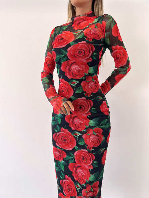 Çiçek Desenli Uzun Tül Kol Lori Kadın Kırmızı Elbise 23K000402