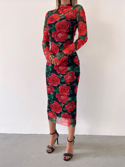 Çiçek Desenli Uzun Tül Kol Lori Kadın Kırmızı Elbise 23K000402