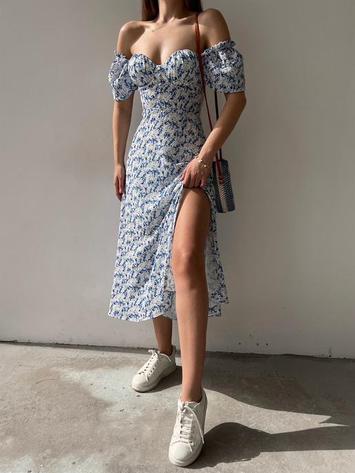 Çiçek Önden Yırtmaçlı Açık Omuz Nick Kadın Mavi Midi Elbise 22Y000224
