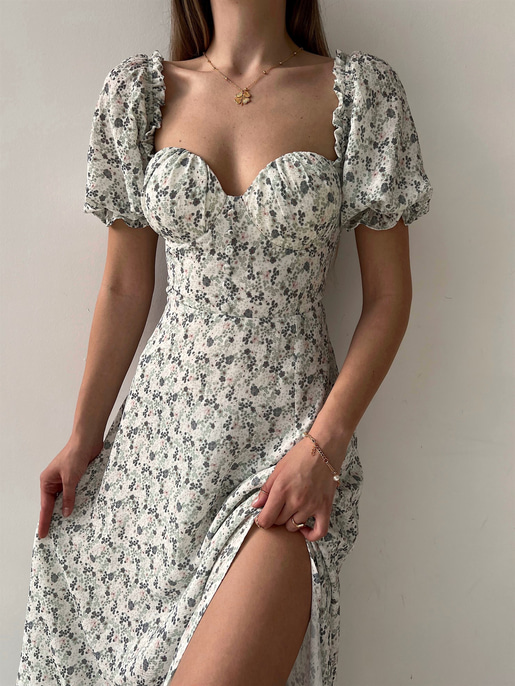 Çiçek Önden Yırtmaçlı Açık Omuz Nick Kadın Yeşil Midi Elbise 22Y000224