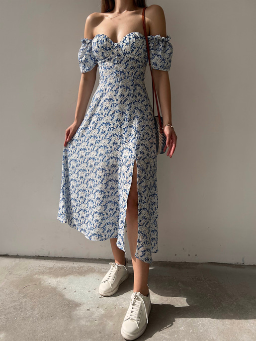 Çiçek Önden Yırtmaçlı Açık Omuz Nick Kadın Mavi Midi Elbise 22Y000224
