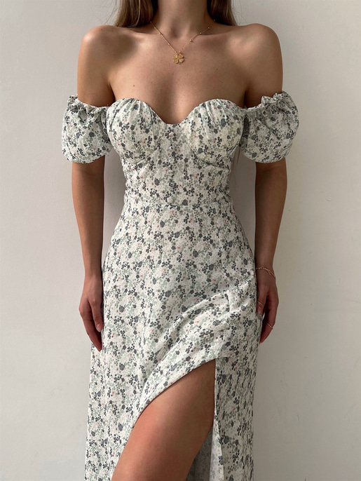 Çiçek Önden Yırtmaçlı Açık Omuz Nick Kadın Yeşil Midi Elbise 22Y000224