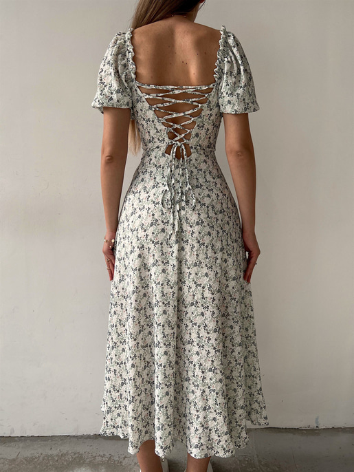 Çiçek Önden Yırtmaçlı Açık Omuz Nick Kadın Yeşil Midi Elbise 22Y000224