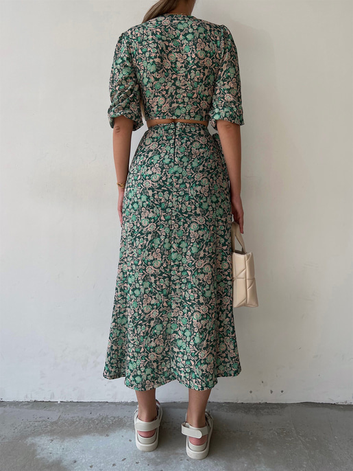 Çiçeki Kruvaze Bağcıklı Alt Ve Üst Balera Kadın Yeşil İkili Takım 22Y000336