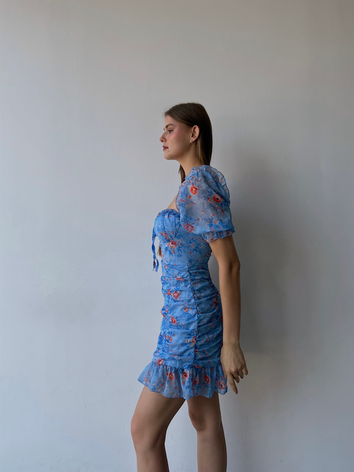 Çiçekli Ayarlanabilir Lastikli Yaka Volanlı Vitalis Kadın Mavi Elbise 22Y000453