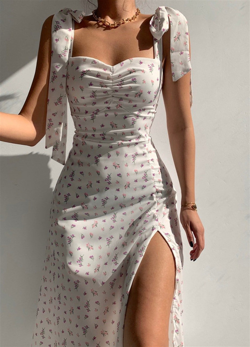 Çiçekli Ayarlanır Bağlamalı Askısı Yırtmaçlı Kadın Ekru Midi Elbise 21Y000349