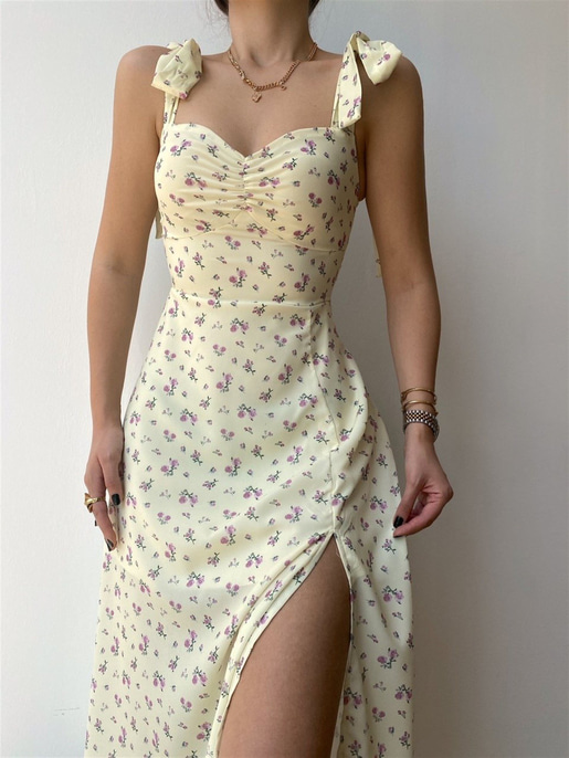 Çiçekli Ayarlanır Bağlamalı Askısı Yırtmaçlı Kadın Sarı Midi Elbise 21Y000349