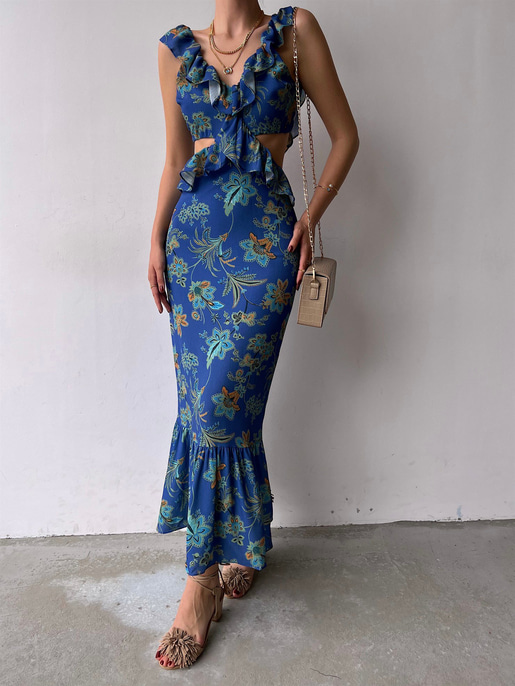 Çiçekli Bel Ve Sırt Dekolte Fırfırlı Edith Kadın İndigo Uzun Elbise 22Y000307