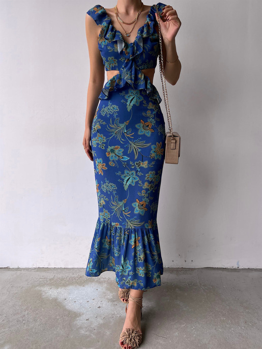 Çiçekli Bel Ve Sırt Dekolte Fırfırlı Edith Kadın İndigo Uzun Elbise 22Y000307