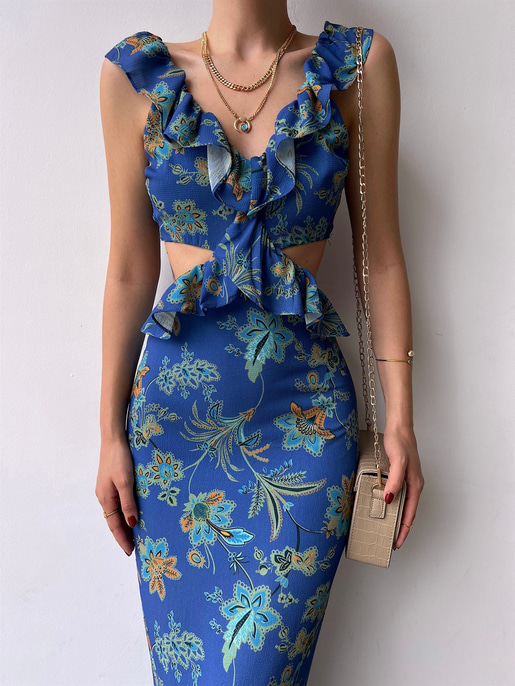 Çiçekli Bel Ve Sırt Dekolte Fırfırlı Edith Kadın İndigo Uzun Elbise 22Y000307