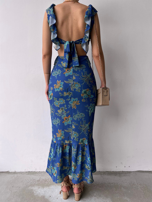 Çiçekli Bel Ve Sırt Dekolte Fırfırlı Edith Kadın İndigo Uzun Elbise 22Y000307