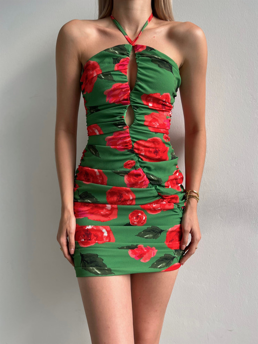 Çiçekli Boyundan Bağcıklı Pencere Detay Marinel Kadın Yeşil Elbise 22Y000384