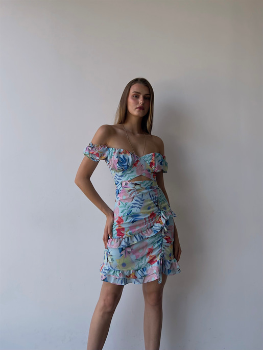 Çiçekli Göbek Pencere Detaylı Fırfırlı  Aden Kadın Mavi Elbise 22Y000217