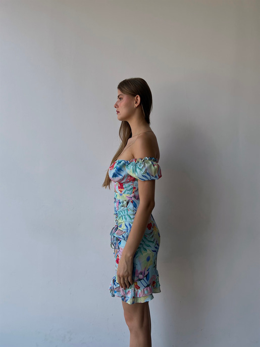 Çiçekli Göbek Pencere Detaylı Fırfırlı  Aden Kadın Mavi Elbise 22Y000217