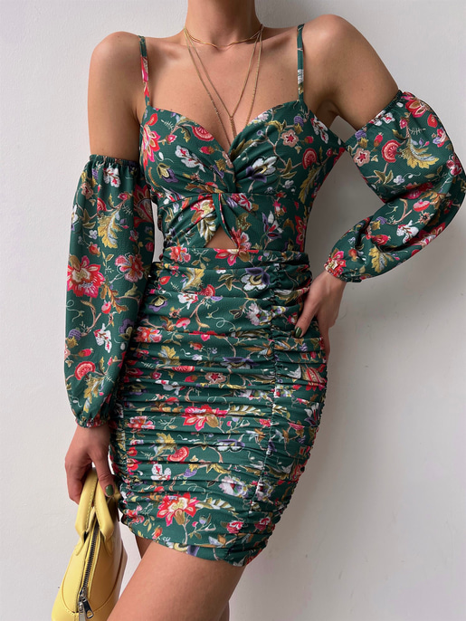 Çiçekli Göğüs Kısmı Düğüm Detaylı Drape Monere Kadın Yeşil Elbise 22Y000335