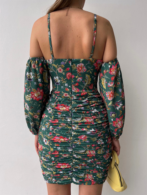 Çiçekli Göğüs Kısmı Düğüm Detaylı Drape Monere Kadın Yeşil Elbise 22Y000335