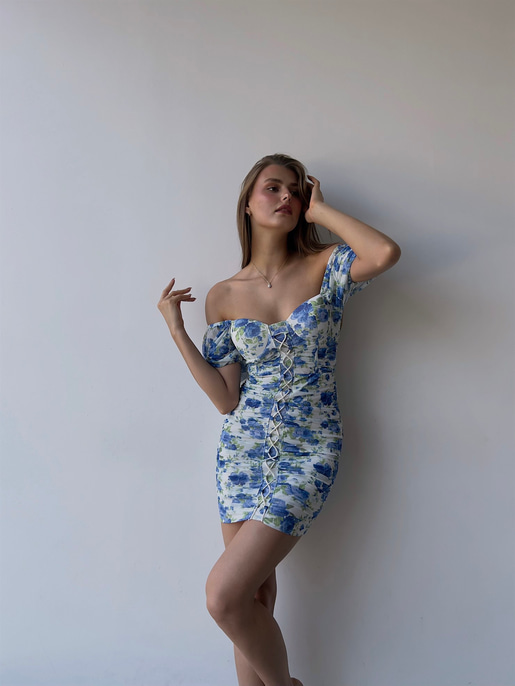 Çiçekli Kayık Yaka Önden Çapraz Şerit Detay Drapeli Italus Kadın Mavi Elbise 22Y000401