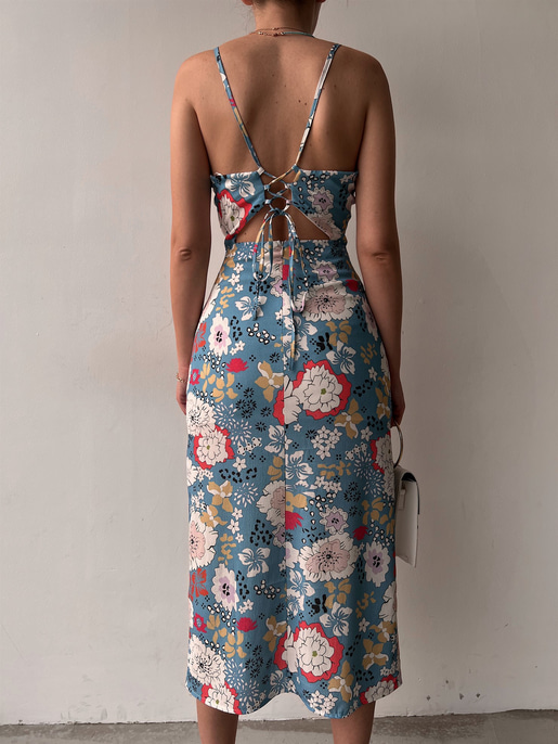 Çiçekli Midi Boy Sırt Dekolteli Yırtmaşlı Griffin Kadın Mavi Elbise 22Y000133