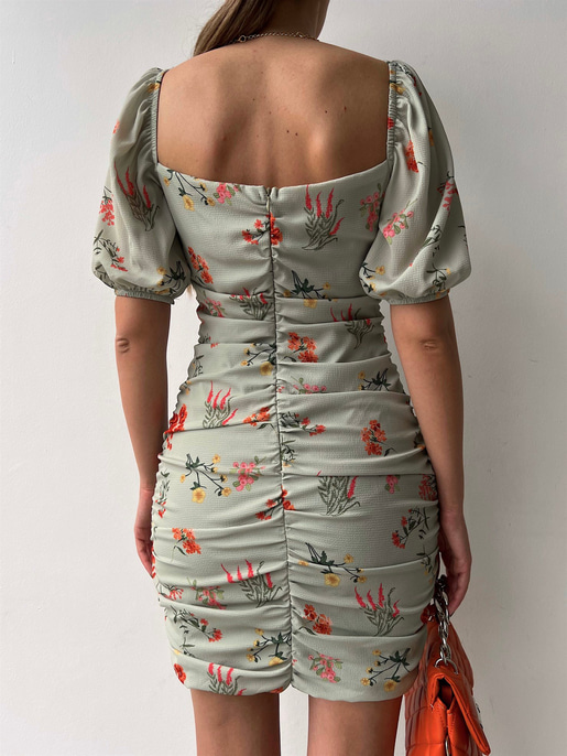 Çiçekli Önden Dikiş Detay Büzgülü Tavian Kadın Mint Elbise 22Y000321