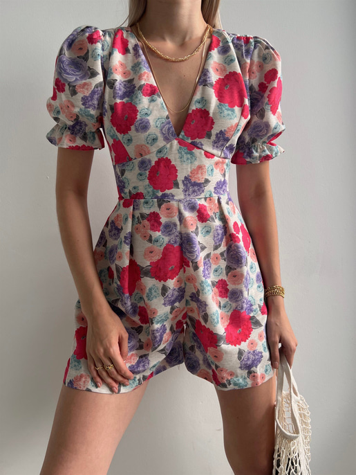 Çiçekli V Yaka Pileli Junior Kadın Pembe Şort Tulum 22Y000390