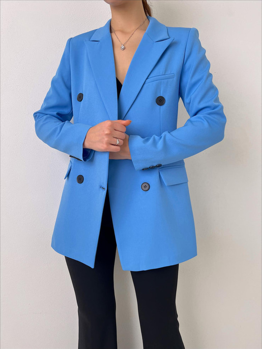 Çift Düğme Kapamalı Kruvaze Yaka Callie Kadın Mavi Blazer Ceket 23Y000019