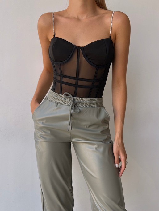 Çikartılabilir İnce Taş Askı Transparan Tül Kumaş Cappi Kadın Siyah Bodysuit 22Y000495