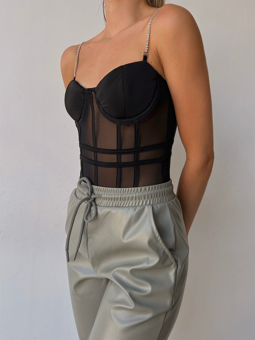 Çikartılabilir İnce Taş Askı Transparan Tül Kumaş Cappi Kadın Siyah Bodysuit 22Y000495