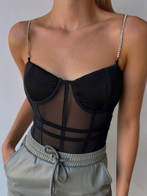 Çikartılabilir İnce Taş Askı Transparan Tül Kumaş Cappi Kadın Siyah Bodysuit 22Y000495