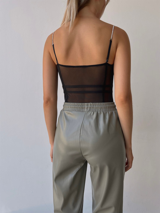 Çikartılabilir İnce Taş Askı Transparan Tül Kumaş Cappi Kadın Siyah Bodysuit 22Y000495