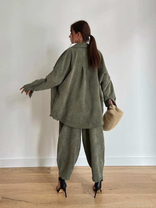 Çıtçıt Kapamalı Cepli Gömlek Beli Bağcıklı Şalvar Pantolon Dante Kadın Haki Kadife Takım 24k000045