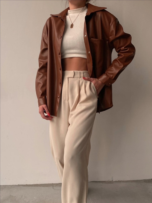 Çıtçıtlı Boyfriend Deri Kadın Taba Gömlek 21K000050