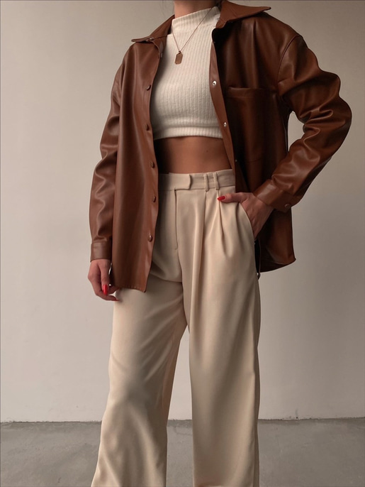 Çıtçıtlı Boyfriend Deri Kadın Taba Gömlek 21K000050