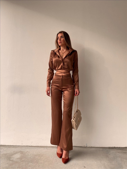 Crop Altı Bağcıklı Üst Geniş Paça Pantolon Greta Kadın Taba İkili Takım 22K000367