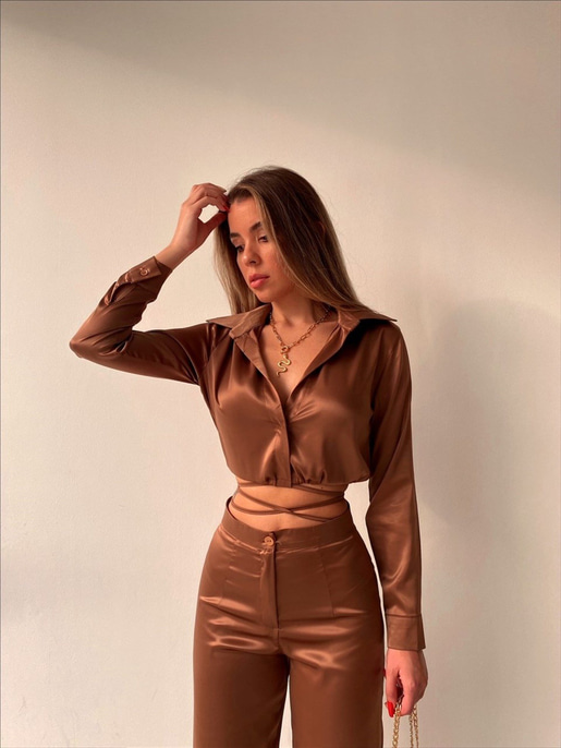 Crop Altı Bağcıklı Üst Geniş Paça Pantolon Greta Kadın Taba İkili Takım 22K000367