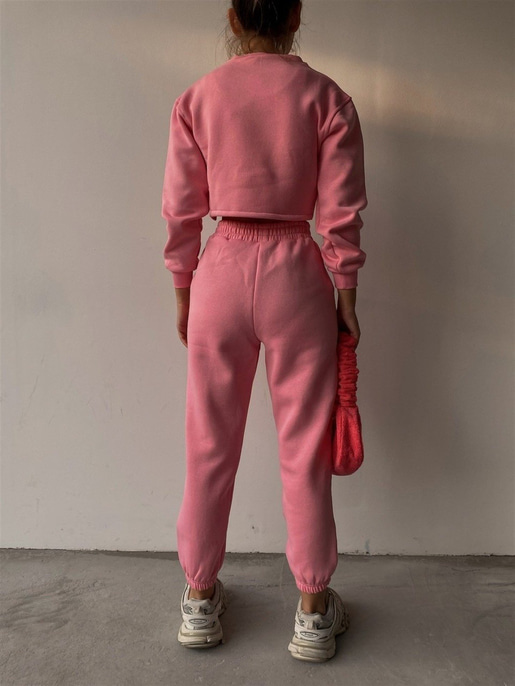 Crop atlet Bolero Sweat Lastik Bel Alt Elaina Kadın Pembe Üçlü Eşofman Takım 22K000322