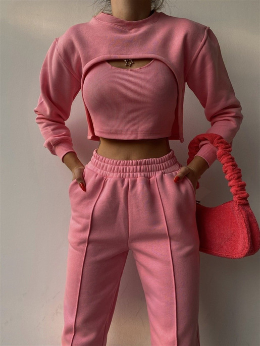 Crop atlet Bolero Sweat Lastik Bel Alt Elaina Kadın Pembe Üçlü Eşofman Takım 22K000322